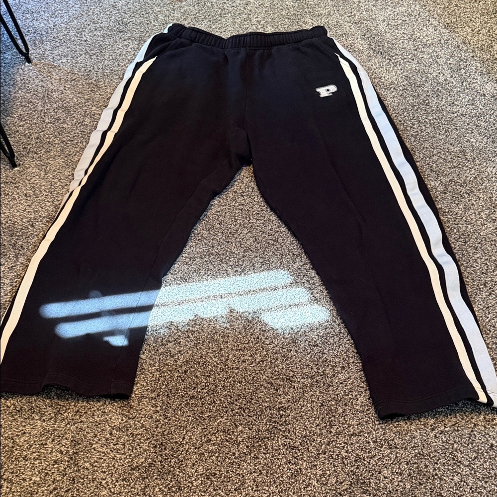 PINK Black Sweatpants with White and Blue Side Stripes